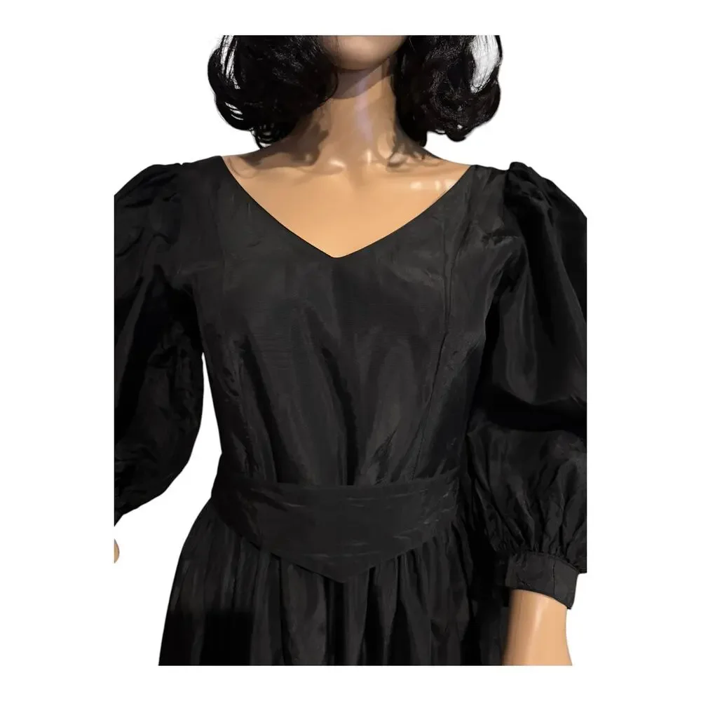 1980s Laura Ashley Black Puff Sleeve Midi Dress Ireland Small